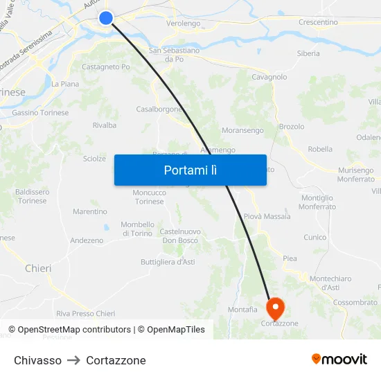 Chivasso to Cortazzone map
