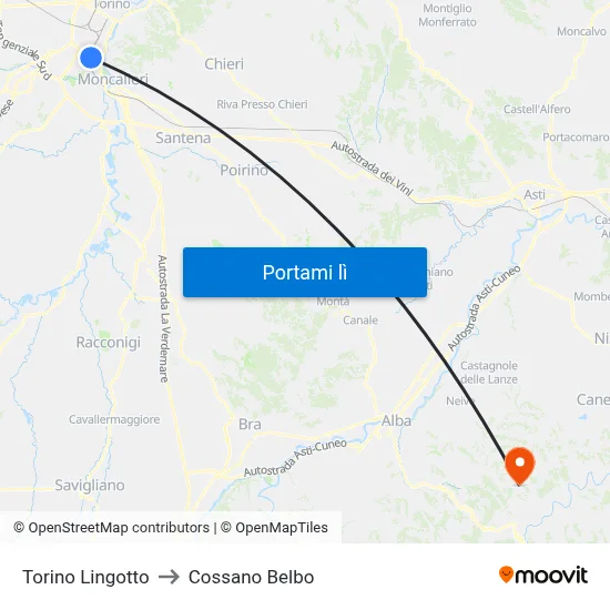 Torino Lingotto to Cossano Belbo map