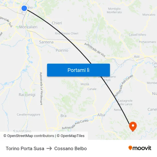 Torino Porta Susa to Cossano Belbo map