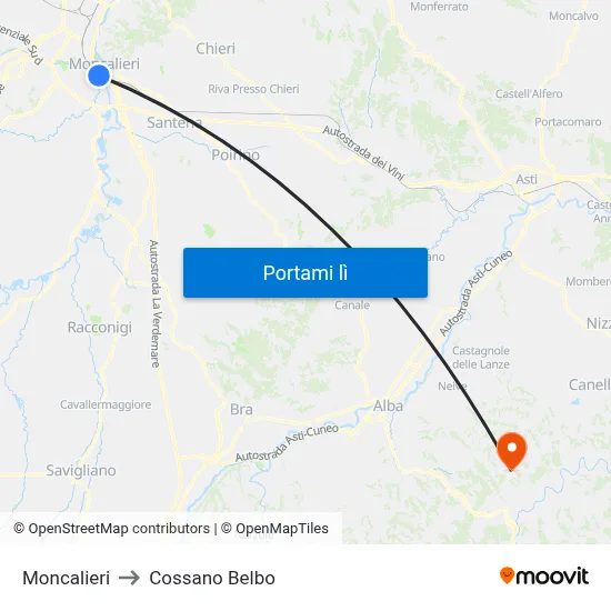Moncalieri to Cossano Belbo map