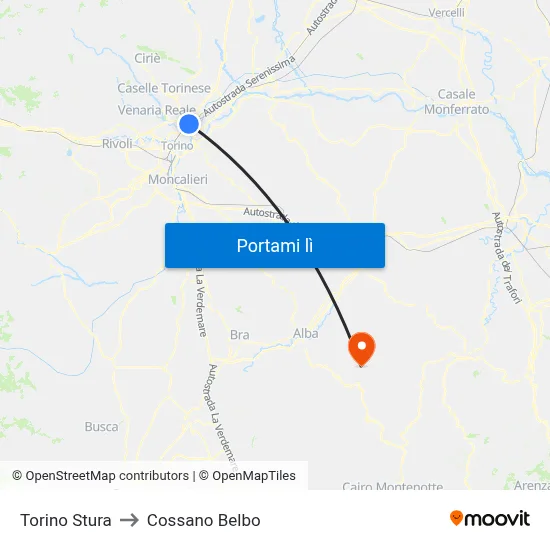 Torino Stura to Cossano Belbo map