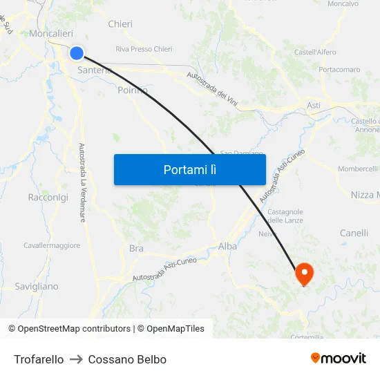 Trofarello to Cossano Belbo map