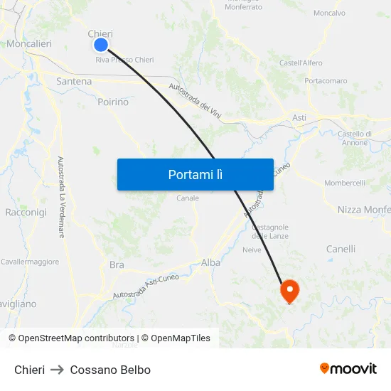 Chieri to Cossano Belbo map
