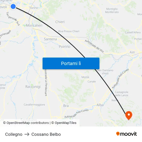 Collegno to Cossano Belbo map