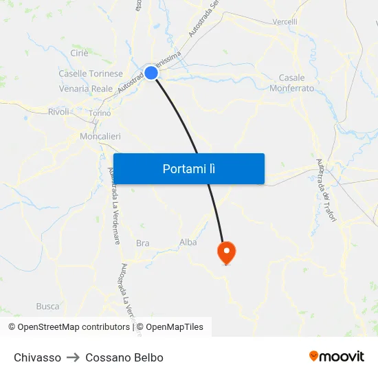 Chivasso to Cossano Belbo map