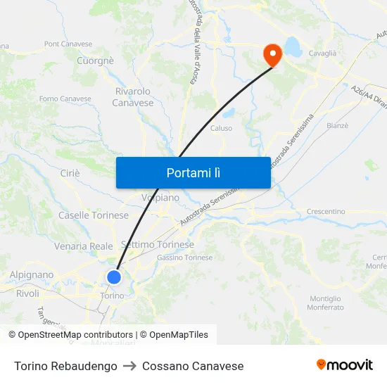 Torino Rebaudengo to Cossano Canavese map