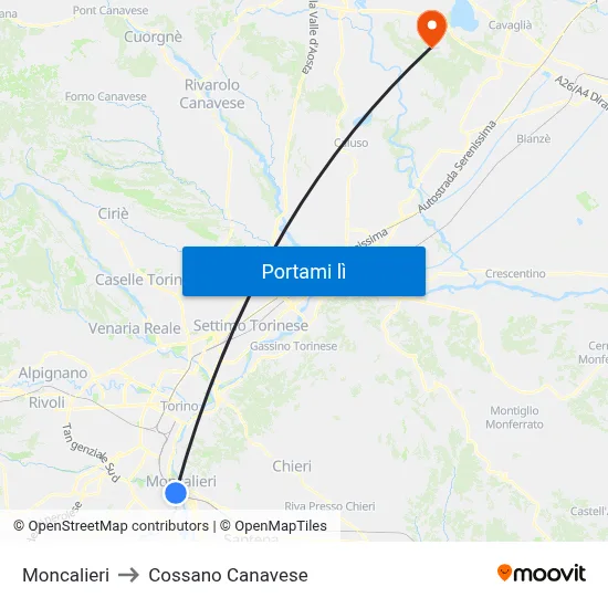 Moncalieri to Cossano Canavese map