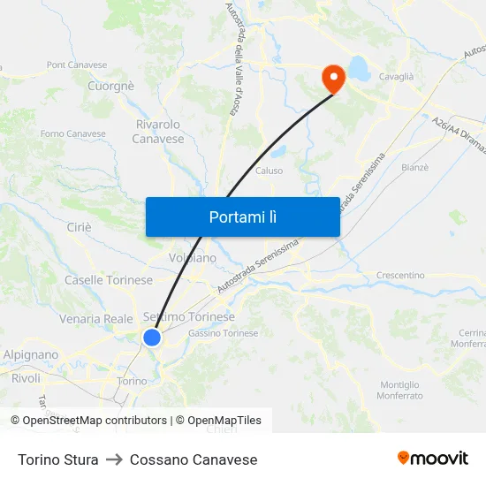 Torino Stura to Cossano Canavese map