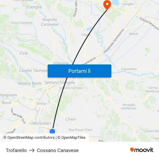 Trofarello to Cossano Canavese map