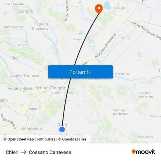 Chieri to Cossano Canavese map