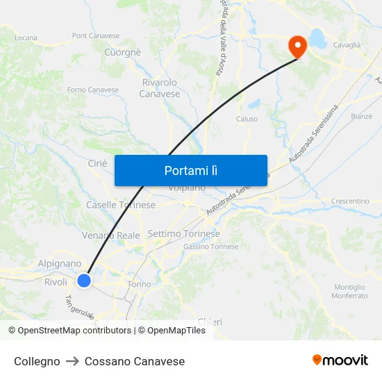 Collegno to Cossano Canavese map