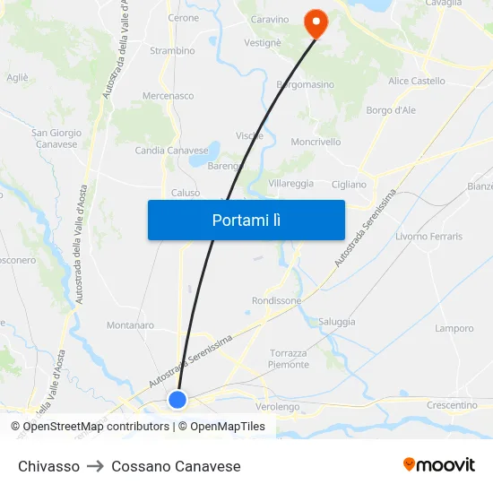 Chivasso to Cossano Canavese map