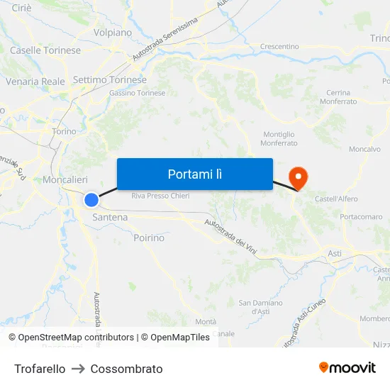 Trofarello to Cossombrato map