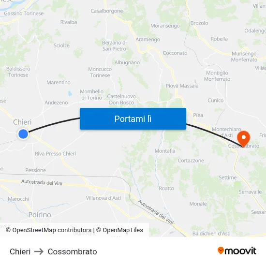 Chieri to Cossombrato map