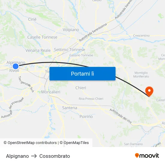 Alpignano to Cossombrato map