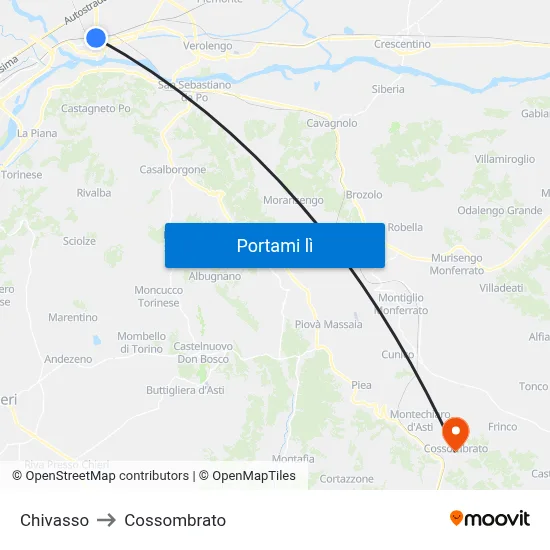 Chivasso to Cossombrato map