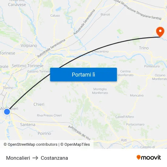 Moncalieri to Costanzana map