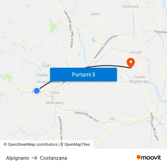 Alpignano to Costanzana map