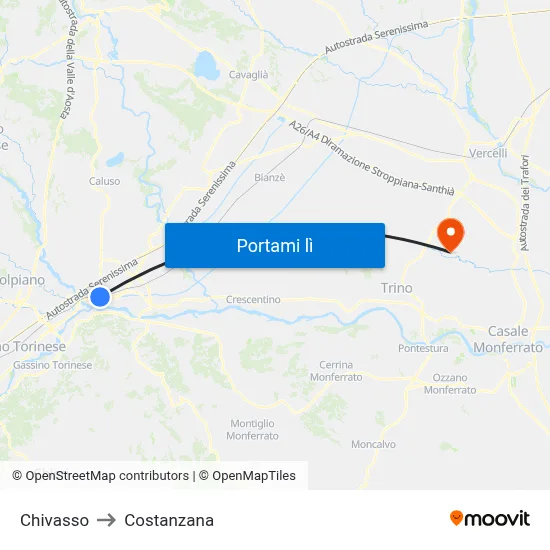 Chivasso to Costanzana map