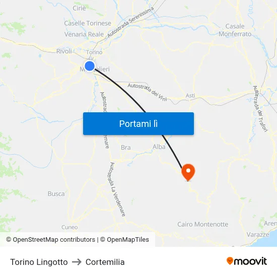 Torino Lingotto to Cortemilia map