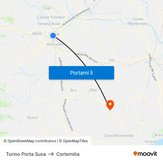 Torino Porta Susa to Cortemilia map