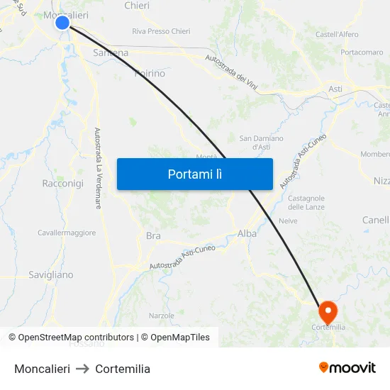 Moncalieri to Cortemilia map