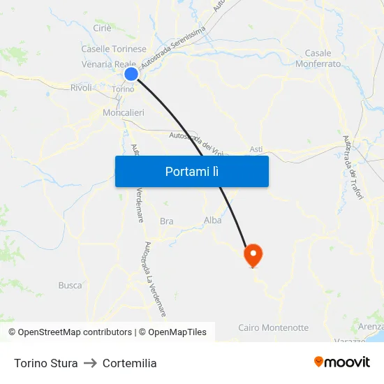 Torino Stura to Cortemilia map