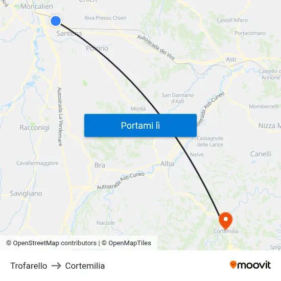 Trofarello to Cortemilia map