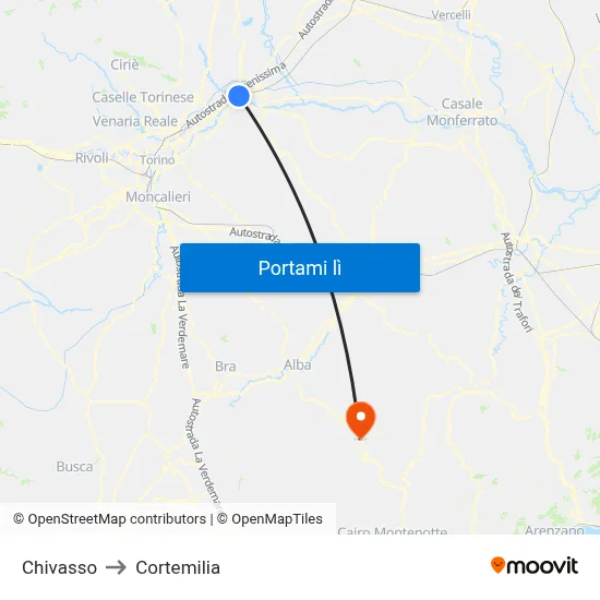 Chivasso to Cortemilia map