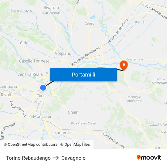 Torino Rebaudengo to Cavagnolo map