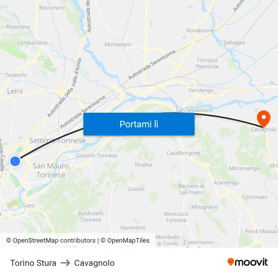 Torino Stura to Cavagnolo map