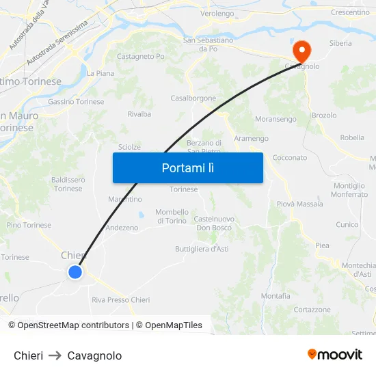 Chieri to Cavagnolo map