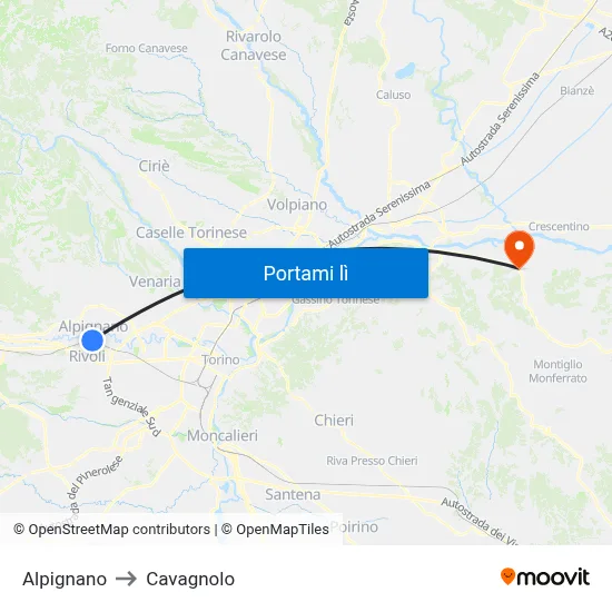 Alpignano to Cavagnolo map
