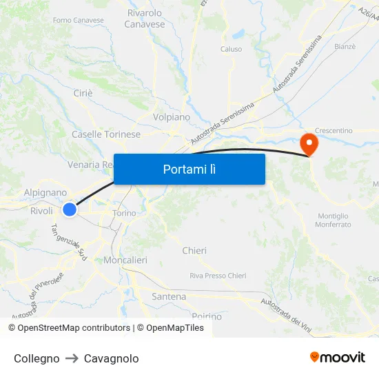 Collegno to Cavagnolo map