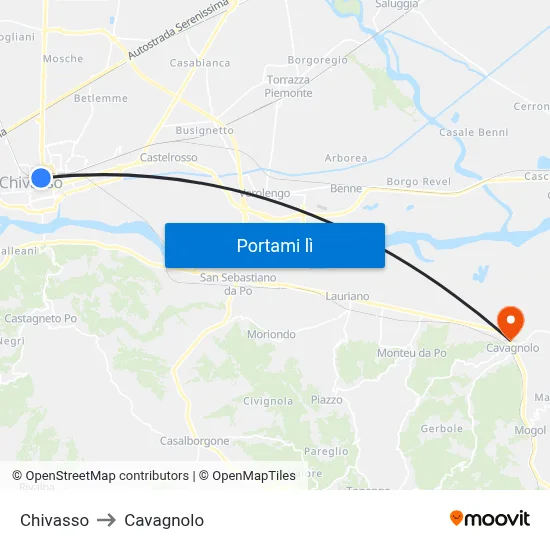 Chivasso to Cavagnolo map