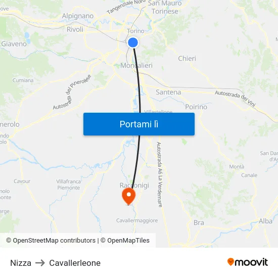 Nizza to Cavallerleone map