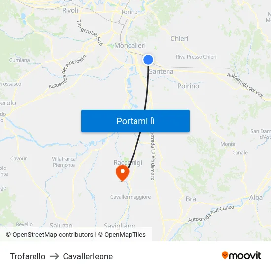 Trofarello to Cavallerleone map