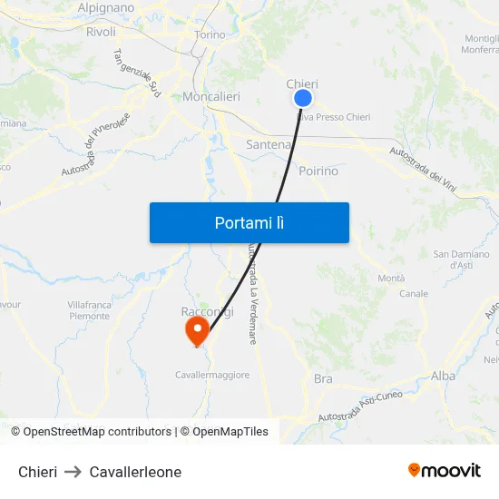 Chieri to Cavallerleone map