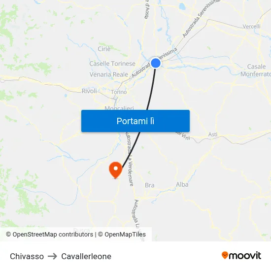 Chivasso to Cavallerleone map