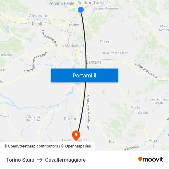 Torino Stura to Cavallermaggiore map