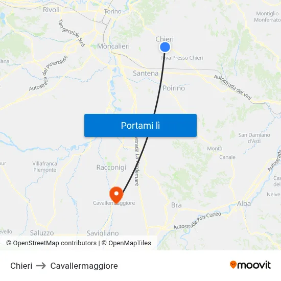 Chieri to Cavallermaggiore map
