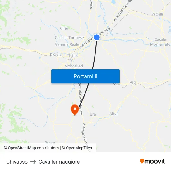 Chivasso to Cavallermaggiore map