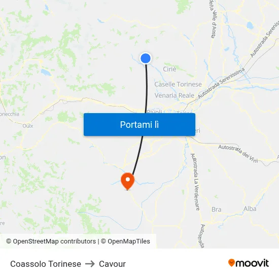Coassolo Torinese to Cavour map