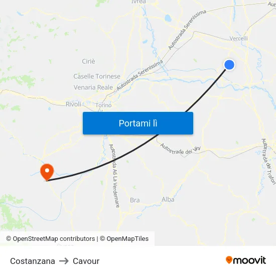 Costanzana to Cavour map
