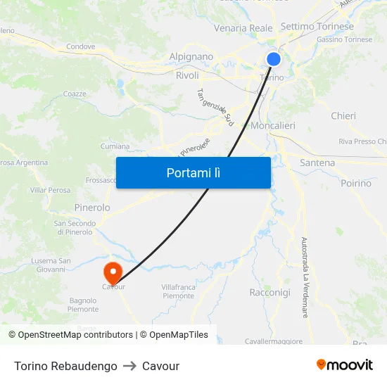 Torino Rebaudengo to Cavour map