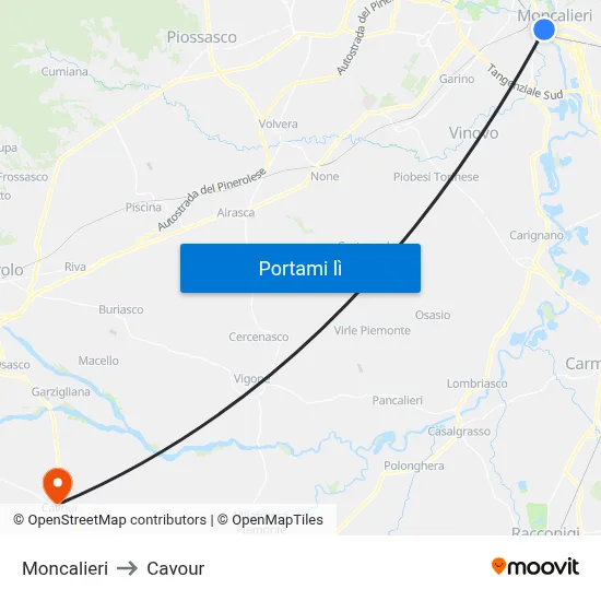 Moncalieri to Cavour map