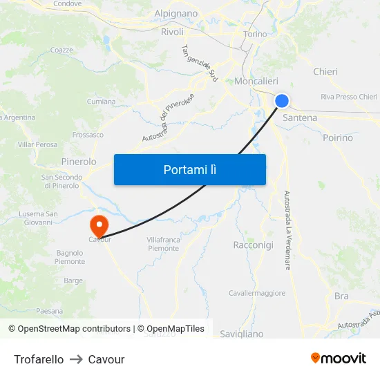 Trofarello to Cavour map