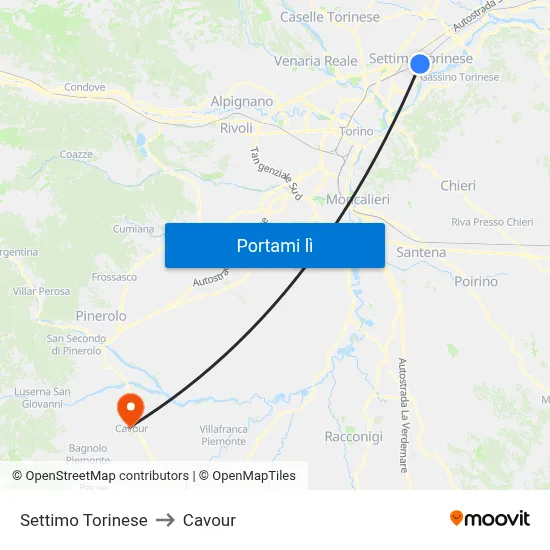 Settimo Torinese to Cavour map