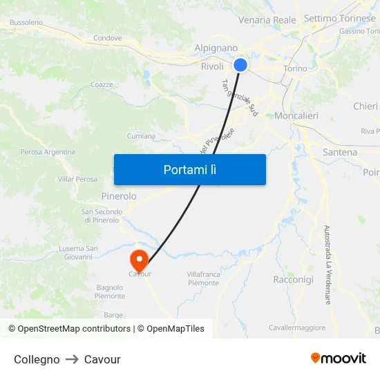 Collegno to Cavour map