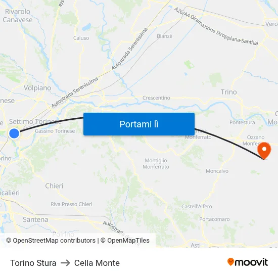 Torino Stura to Cella Monte map